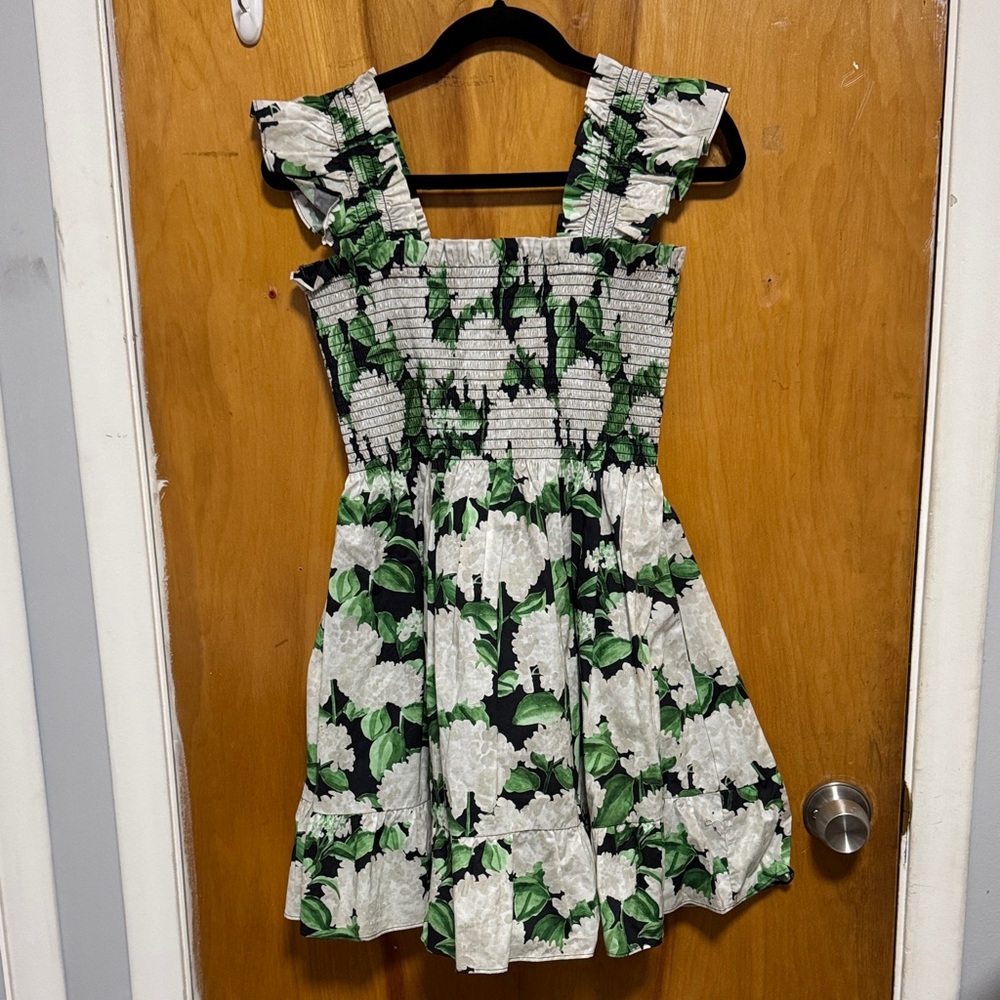 Hill House Floral Smocked Mini Dress in White & Green
